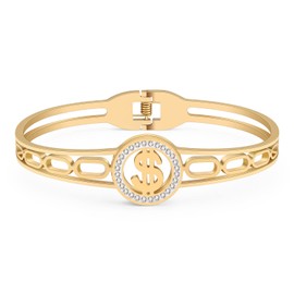 SHIGIE Stainless Steel Rhinestone Dollar Sign Bangle Cuff Hollow Out Bracelets Novelty Coin Jewelry For Women Funny Gifts Charms (Gold)