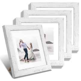 iRahmen 8x8 Picture Frames Set of 4 with Real Glass, Distressed White Frame Display 6x6 Pictures with Mat or 8 x 8 Without Mat, Wood Square Photo Frame for Wall Mount and Tabletop Display
