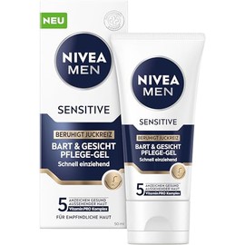 Nivea Men Sensitive Beard & Face Care Gel, Fast Absorbing Beard Care for Sensitive Men's Skin, Soothing Face Care to Relieve Skin Irritation (50 ml) | Quickly absorbed, for sensitive men's skin, soothes, relieves skin irritation