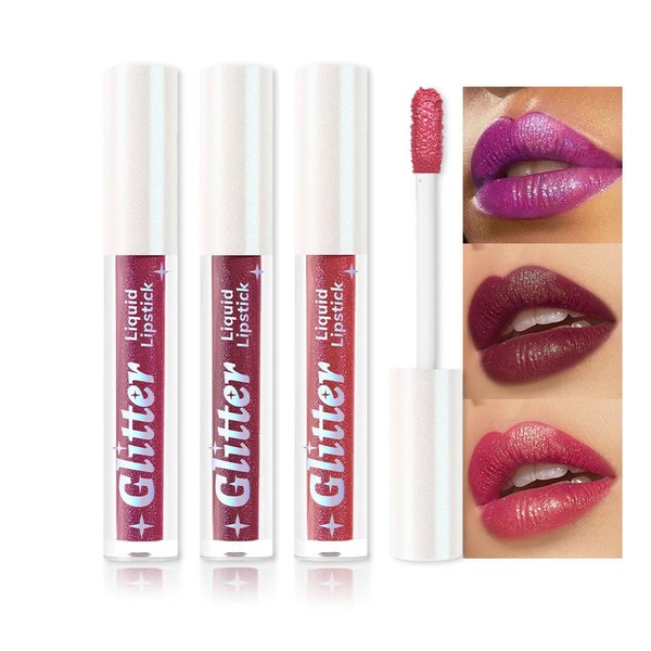 3Pcs Metallic Lipstick for Women,Lightweight Glitter Sparkling Liquid Lipsticks,Shimmer Lip