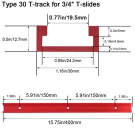 KETIPED 2pc Aluminum 400mm Double-Cut Profile Universal 3/4 T-Track with Predrilled Mounting Holes and Wood Screws,30 Type T Track for Woodworking Jigs and Fixtures,Drill Press Table,(15.75in)-R