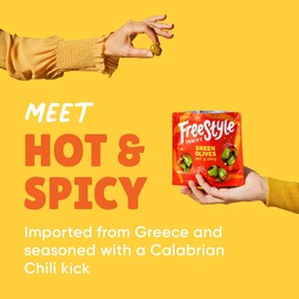 Freestyle Snacks Olive Snack Packs - As Seen on Shark Tank - Fresh Pitted Green Olives, Jumbo-Sized, Grown in Greece, All Natural, Non-GMO, Sugar-Free, Salty Snack - Hot & Spicy, 4oz (3 Pack)