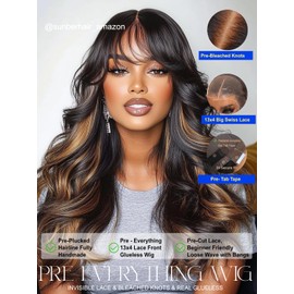Sunber Ombre Brown Loose Body Wave With Bangs Pre Everything Glueless 13x4 HD Lace Front Human Hair Wig 180% Density Highlight Balayage Pre cut Lace Pre Plucked Bye Bye Knots Drawstring Wig 16Inch