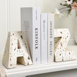 Kakizzy Book Ends for Shelves, Modern AZ Style Letter Bookends Decorative, Resin Book Holder Stopper for Home Office Desk Bookshelf Decoration, Rustic Marble Look, 2 Piece Set, Unique Book Lover Gift