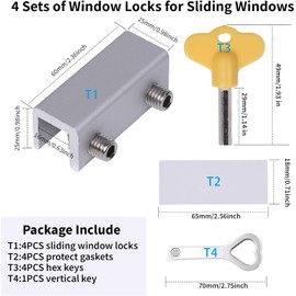 Window Locks，Sliding Window Locks with Protective Pads, Security Window Locks with Keys, Adjustable Aluminum ertical & Horizonta Window Stops, Easy Installation Without Drilling - Set of 8 (Black)
