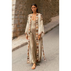 Bsubseach Women Print Swimsuit Cover Ups for Swimwear Long Sleeve Beach Kimono Summer Cardigan Gold Geometric