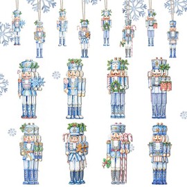 Whaline 24 Pcs Christmas Nutcracker Ornaments Hanging Decoration Blue White Chinoiserie Wooden Hanging Pendants Set with Rope for Xmas Tree Crafts Winter Holiday Party Decor