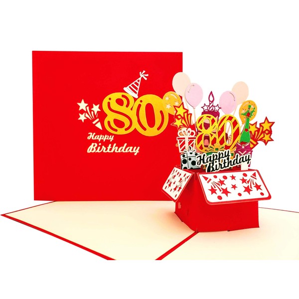 iGifts And Cards Happy 80th Red Birthday Party Box 3D Pop Up Greeting Card – Eighty, Awesome, Balloons, Unique, Celebration, Feliz Cumpleaños, Fun, Fabulous