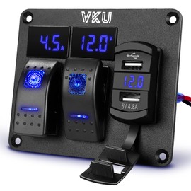 VKU 2 Gang Rocker Switch Panel with Ammeter and Voltmeter 4.8A Dual USB Charger Socket 12V 24V DC Aluminum Switches Panel 5Pin ON Off Switch for RV Cars Marine Boats ATVs Trailers