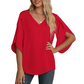 Jouica No Wrinkle Shirts Women Office Casual Tops for Women Summer Office Clothes,D Red,X-Large