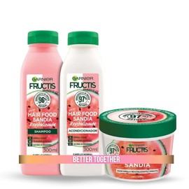Kit Garnier Fructis Hair Food Sandía Revitalizante, Para Cabello Normal, Ingredientes Naturales, Fórmula Vegana Sin Siliconas, Shampoo 300 ml, Acondicionador 300 ml y Mascarilla 350 ml