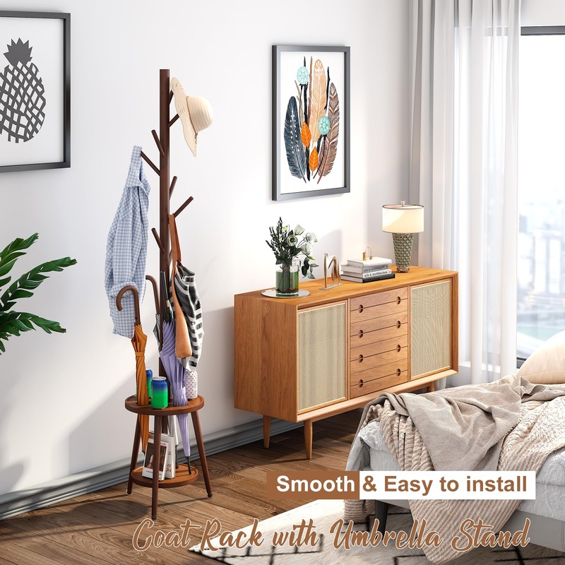 FILWH Freestanding Coat Rack with Umbrella Organizer Tray Bamboo Coat