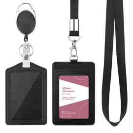 2 Pack Badge Holders, Vertical PU Leather ID Badge Card Holder with Detachable Neck Lanyard Strap ID Card Holders Set or Nurses, Teachers, Medical, School, and Law Enforcement(Color:Black)