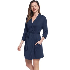 Amorbella Women Shower Robe Ultra Soft Bamboo Bathrobe Short Sleeve Dressing Gown(Navy Blue,Large)
