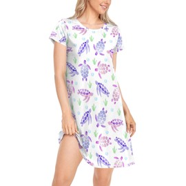 Peystean Daily Beautiful Chic Pattern Women's Girls Comfy Nightgown Short Sleeve Nightshirts Loose Loungewear PJ Dress S-XXL, Multi-turtles, XX-Large