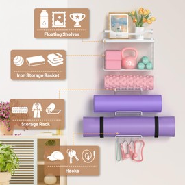 LIDTOP Yoga Mat Holder White, Wall Mount Yoga Accessory Mats Storage Rack, Home Gym Accessories Organizer Storage with Wood Floating Shelves, 4 Hooks Hanging Yoga Strap & Resistance Bands