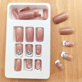 White French Tip Press on Nails Medium Square Fake Nails with Butterfly Lines Design Acrylic Nails Press ons White Nail Tips Full Cover Artificial Cute Glue on Nails for Women Girls 24Pcs