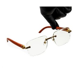 Street Knitted Luxury Red Wood Arm Rimless Clear Tint Gold Frame Square Luxury Woodgrain Frameless Non Prescription Rectangle Eye Glasses Vintage Geometric Clear Lens Hip Hop Glasses For Men Women