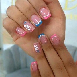 MISUD Short Press on Nails Square Fake Nails Glossy Glue on Nails Pink Blue French Tip Acrylic Nail Supplies Squoval Artificial Nail Art Summer Flower Stick on False Nails with Design DIY 24 pcs