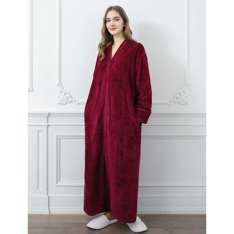 Locachy Women's Flannel Zip Warm Robe Cozy Fluffy Long Bathrobe
