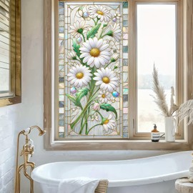 HOMETITUTE Floral Daisy Window Privacy Film Stained Glass Window Film Glass Privacy Decals Living Room Sun Blocking Decor Removable Static Cling Stickers 17.71x39.97 inch