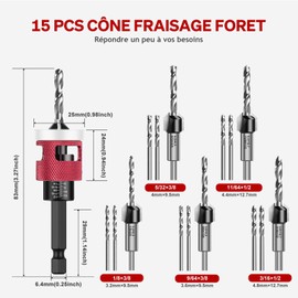 Mtchavno Countersink Drill Bit Set, 15 Pieces, Countersink Wood Drill Bit with Depth Stop, Drill Countersink with 1/4 Inch Hex Shank, Made of HSS-M2, Precise Drills, for Wood Processing