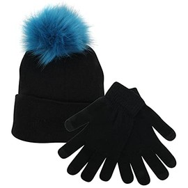 Atania Ladies Bobble Hat & Touch Screen Gloves Set Black & Turquoise