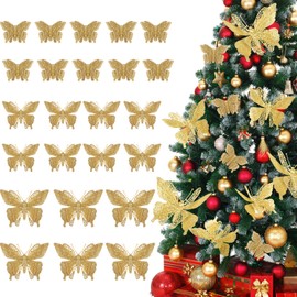 Unittype 24 Pcs 3 Sizes Glitter Butterfly Christmas Tree Decorations Gold Hollow Butterfly Ornaments 3D Artificial Butterfly Christmas Ornaments with Clips and Adhesive Dots for Xmas DIY Craft Wedding