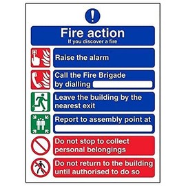 V Safety General Fire Action 6 Message Sign - Portrait - 210mm x 297mm (A4) - 2mm Rigid Plastic