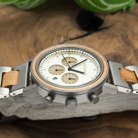 Holzwerk Germany Handmade Designer Men's Watch | Eco Natural Wood Watch | Chronograph | Bracelet Watch | Analogue Quartz Watch | Brown Silver | Date | Wooden Dial, Silver / brown, Bracelet