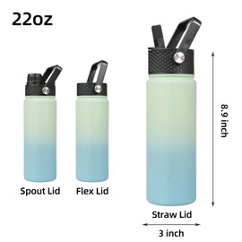 BJPKPK Insulated Water Bottles with Straw Lid, 22oz Cold & Hot Water Bottle, Stainless Steel Metal Water Bottle with 3 Lids, Reusable Thermos, Cups, Mugs for Daily Water Intake-Mint