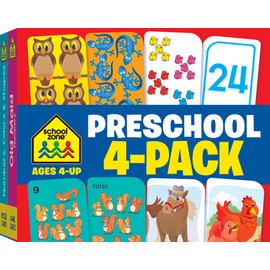 School Zone - Preschool 4-Pack Flash Cards - Ages 4+, Colors, Shapes, Numbers 0-25, Old Maid Numbers, Kids Game Cards, Puzzle Cards, Counting, Rhyming Words, Readiness Skills, and More