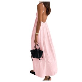 SOLY HUX Women's Summer Dress Backless V Neck Spaghetti Strap Loose Flowy Midi Cami Dresses Solid Light Pink Medium