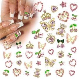 qiipii 40Pcs Pink Nail Charms 3D Butterflies Bear Heart Cherry Star Big Nail Rhinestones Gems Cute Crystals Diamonds Y2K Alloy Nail Art Supplies Decor for Acrylic Nails Face Makeup DIY Crafts Jewelry