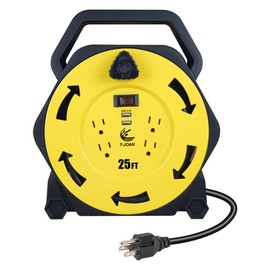 T-JOAN Retractable Extension Cord Reel with 25 FT Power Cord,16/3 AWG, 4 Grounded Outlets,2 USB 3.4A,13 Amp Circuit Breaker,UL Listed Yellow CR034
