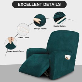 FestiCorp Recliner Chair Covers Real Velvet 4-Pieces Recliner Covers for Small Lazy Boy Recliner Chair Stretch Recliner Sofa Slipcovers Protector with Side Pocket & Elastic Bottom, Emerrald Green