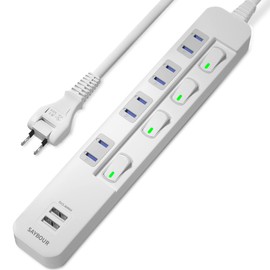 SAYBOUR Tap with USB 3.4A, White, Power Strip, Lightning Guard, Energy Saving, Individual Switch, 4+2 (AC Outlet + USB Port), 6.6 ft (2 m)