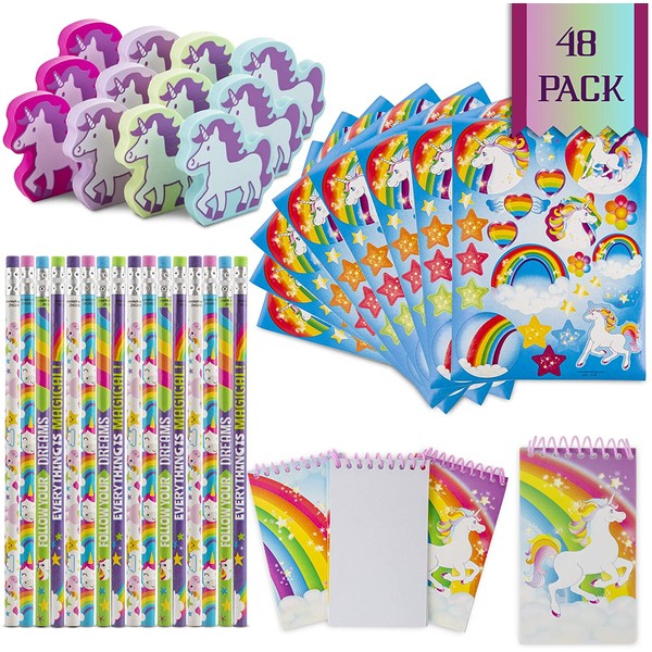 Favinor™ Unicorn Stationary Party Souvenirs Favors 48 Gift Pack – 12 Erasers – 12 Themed Booklets – 12 Pencils – 12 Stickers - Kids Birthday Party Supplies Bulk Set - Ideal As Party Favor, Reward Prizes, carnival And Events