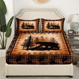 Castle Fairy Bear Print Bed Sheet Set Queen Size,Wild Animal Hunt Pine Trees Retro Bedding Set for Children Adult,Rustic Grid Plaid Cabin Decor Sheet Sets with Flat, Fitted Sheet, 2 Pillowcases