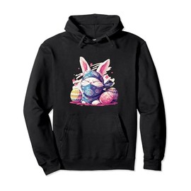 Colorful Easter Eggs Hunt Ninja Cat With Bunny Ears for Kids Pullover Hoodie