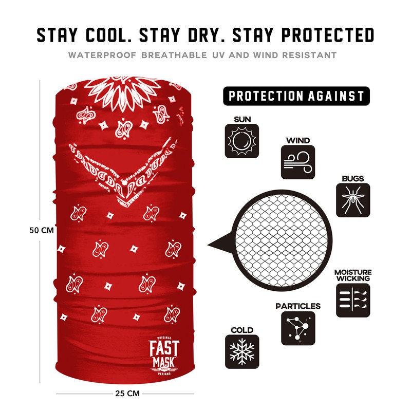 Fast Mask Red Bandana Neck Gaiter- Breathable Fabric, 100% Polyester