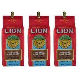 Lion Coffee, Premium Gold Roast, 10% Kona Coffee Blend, Ground, 7 Ounce Bag (Pack of Three)