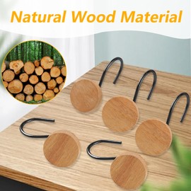 Shower Curtain Hooks, Wood Decorative Shower Curtain Rings, Modern Round Log Shower Curtain Hangers, 12PCS Shower Hooks for Shower Curtain Rod, Bedroom, Living Room (Black)