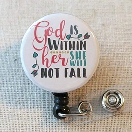 BIBLE VERSE Badge Reel, God Is Within Her She Will Not Fall PSALM 46:5- Retractable ID Badge Reel With Swivel Pinch Clip, Religious Badge Holder, Encouraging Christian Scripture Quotes Badge Reel