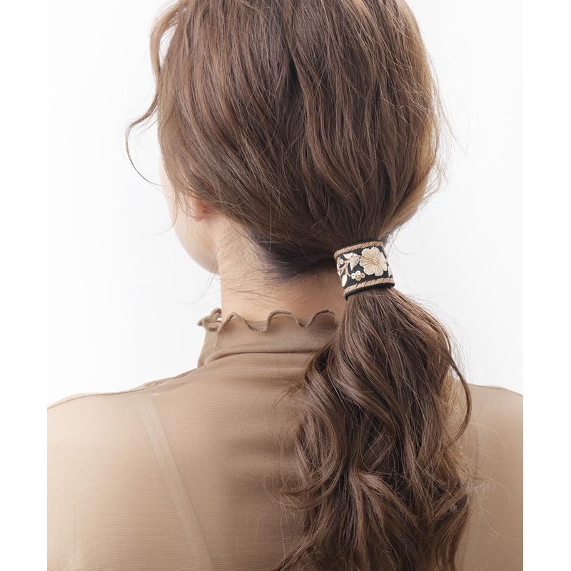 VingTAINE H7730-BK- Embroidered Wire Pony Hook, Flower Hair Elastic Cute,