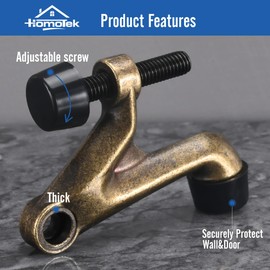 HOMOTEK 2 Pack Hinge Pin Door Stoppers, Hing Door Stops, Adjustable Deluxe Heavy Doorstops for Top of Door, Door Hinge Stoppers with Black Rubber Bumper Tips,Antique Brass