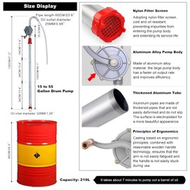 CNQLIS Aluminum 15 to 55 Gallon Drum Pump,Hand Liquid Transfer,Duty Rotary Barrel Pump for Gasoline Oil Fuel Diesel, Kerosene, Hydraulic Fluid
