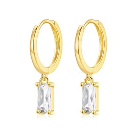 Sterling Silver Hoop Earrings for Women, Small Gold Huggie Hoop Drop Earrings with Baguette Dangle | Hypoallergenic Clear Cubic Zirconia Cartilage Hoops Earring Jewellery Girls Gifts