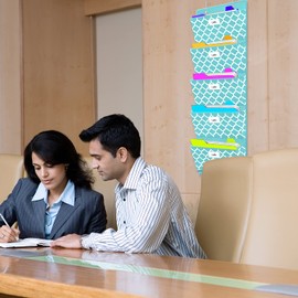 Over The Door File Organizer, Hanging Wall Mounted Storage Holder Pocket Chart for Magazine, Notebooks, Planners, Mails, 5 Extra Large Pockets(Blue withLantern Pattern)