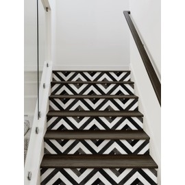 Chevron Striped Wood Stair Riser Strips (Black & White, 15 Pack - 48" w x 6" h)
